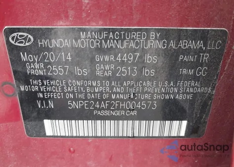 2015 Hyundai Sonata Se from USA, damaged, VIN 5NPE24AF2FH004573